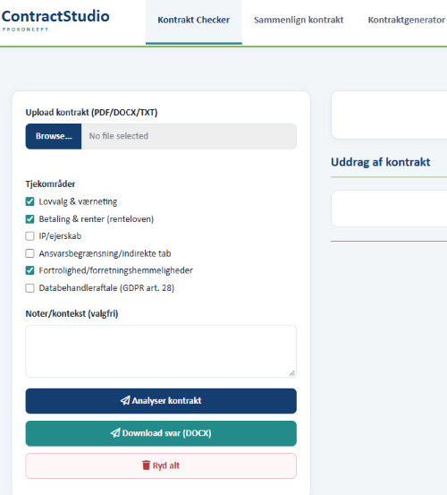 ContractStudio med kontraktupload, valg af tjekomr&aring;der og analyse af kontrakter.